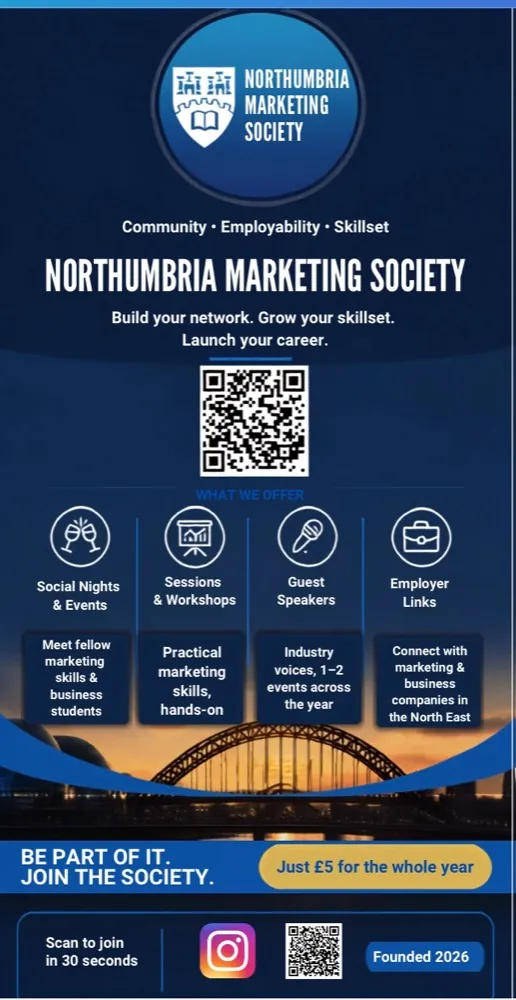Northumbria Marketing Society recruitment poster with QR code to join