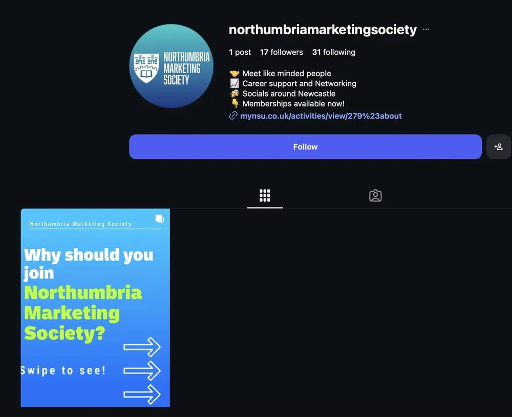 Northumbria Marketing Society Instagram profile