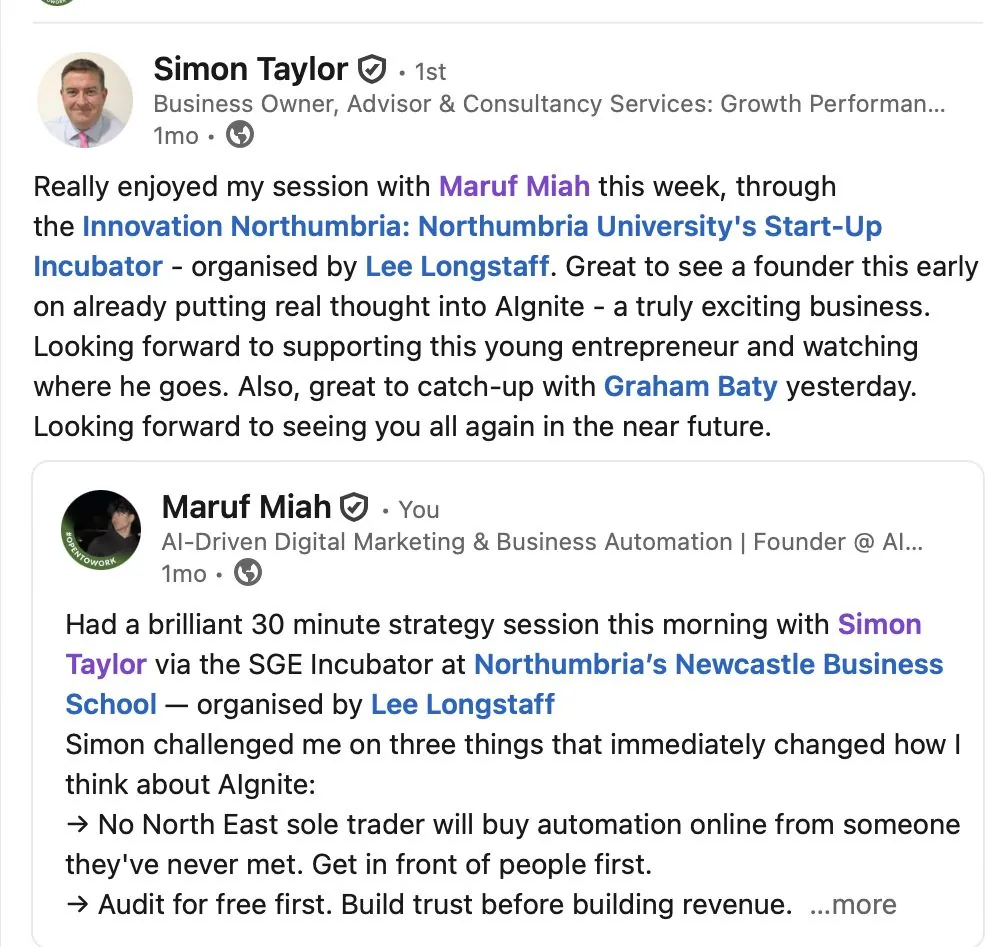Simon Taylor's public LinkedIn endorsement of AIgnite